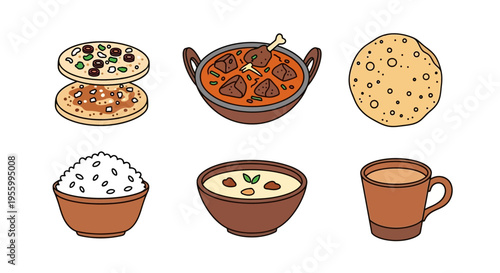 Delicious Indian food dishes, including curry, rice, and various breads, in a colorful illustration.
