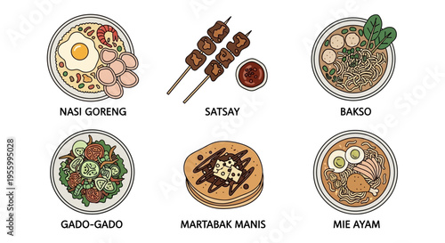 Delicious Indonesian food dishes including Nasi Goreng, Satay, Bakso, Gado-Gado, Martabak Manis, and Mie Ayam.