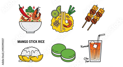 Delicious Thai food illustrations featuring pad thai, mango sticky rice, and skewers.