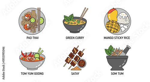 Delicious Thai food dishes with labels and illustrations on a white background.