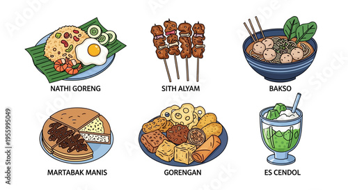Delicious Indonesian food dishes illustration with various popular meals on plates.