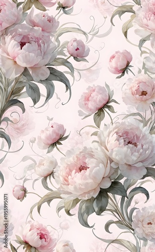 A beautiful floral pattern featuring pink peonies on a white background