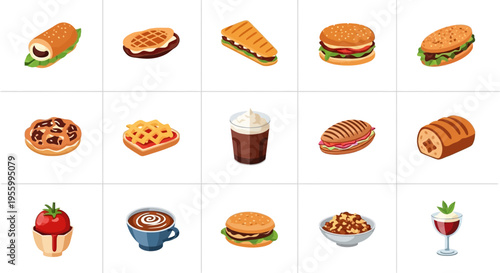 Delicious and colorful food icons representing various tasty meals and beverages.