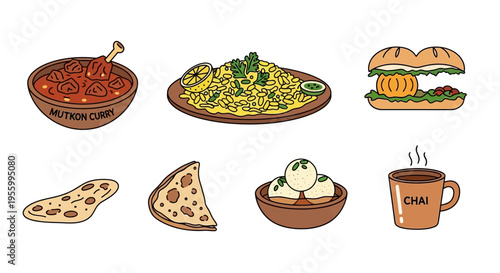 Delicious Indian food dishes including curry, biryani, bread, and sweets in a colorful illustration.