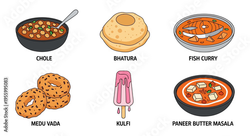 Delicious Indian food dishes including chole, bhatura, fish curry, medu vada, kulfi, and paneer butter masala.