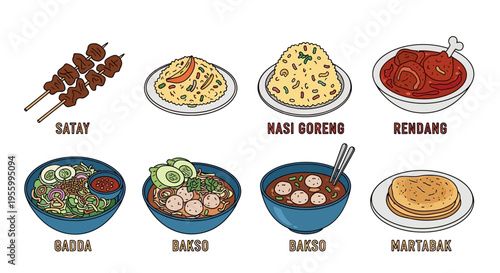Delicious Indonesian food dishes with detailed illustrations and labels for culinary enjoyment.