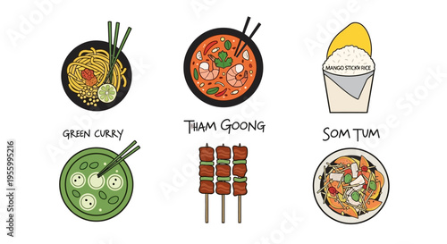 Delicious Thai food dishes with labels on a white background, vector illustration.
