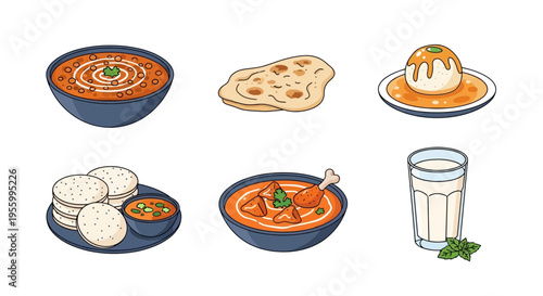 Delicious Indian food dishes including curry, naan, and sweets on a white background.