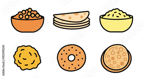 Delicious and colorful illustration of various Indian food items on white background.