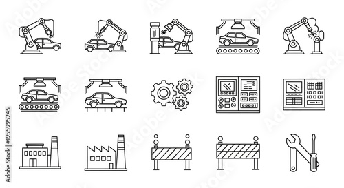 Industrial construction site line icons set.