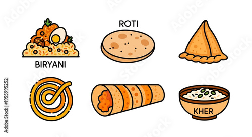 Delicious Indian food dishes including biryani, roti, samosa, and kheer.