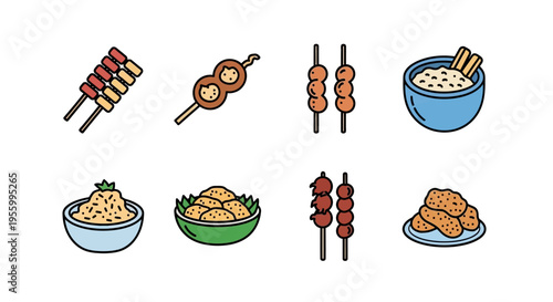 Delicious and varied food icons representing different cuisines and dishes.