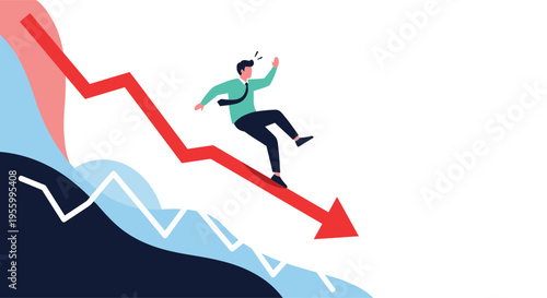 Stressed businessman losing balance and sliding down a sharp red arrow representing economic decline or financial market crash.