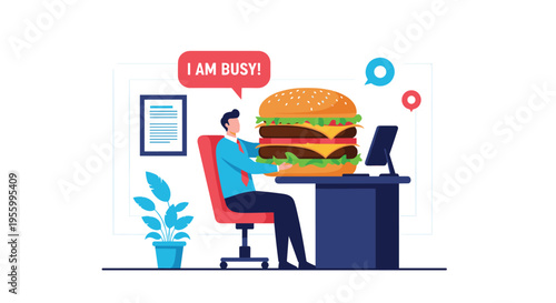 Overworked office employee sitting at desk with laptop trying to consume massive hamburger while displaying a busy message icon.