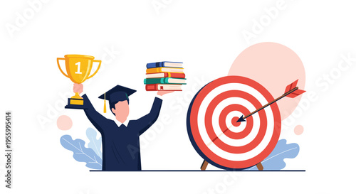 Successful graduate in academic gown holding golden trophy and stack of books next to target with arrow in the bullseye.