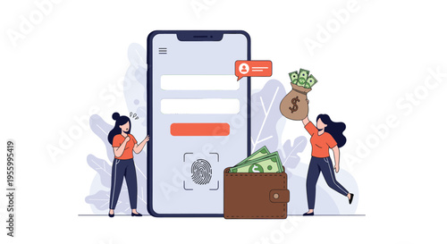 Two women utilizing secure mobile banking application on large smartphone with fingerprint scanning technology and wallet full of cash.