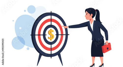 Businesswoman in professional attire aiming at financial success by pointing to dollar symbol in center of a bullseye target.