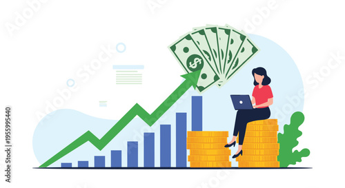 Successful freelancer sitting on stacks of gold coins while working on laptop next to rising graph and fan of dollar bills.