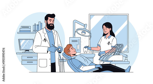Professional male dentist and female assistant providing dental care to patient sitting in modern clinic chair with equipment.