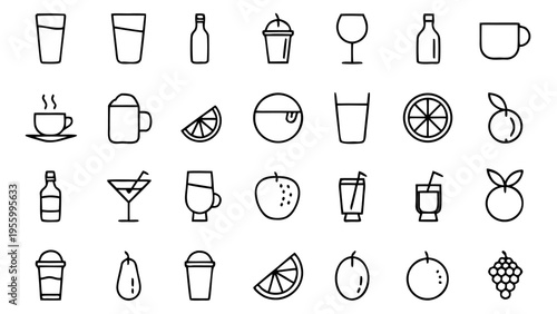 A professional set of forty-five black line icons of alcoholic beverage types and barware equipment is arranged on a white background.