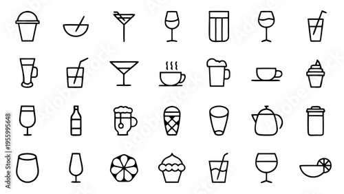 This vector set shows forty-five minimalist outline icons of coffee and tea related beverages and brewing equipment on a white background.
