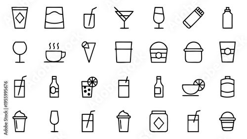 Forty-five linear outline icons of healthy juices and natural fruit beverages are shown in a grid format on a plain white background.