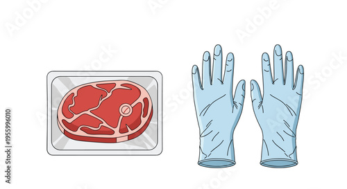 Fresh raw steak in vacuum plastic packaging displayed next to a pair of blue protective latex gloves for hygiene.