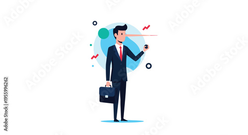 Businessman in professional suit standing with a very long nose symbolizing dishonesty or lying in corporate environment.