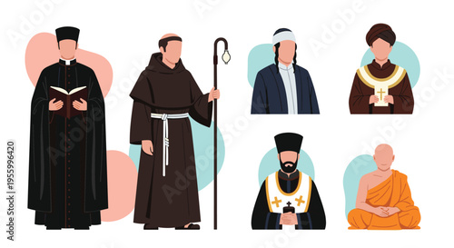 Diverse group of religious leaders and figures representing various world faiths and spiritual traditions in traditional attire.