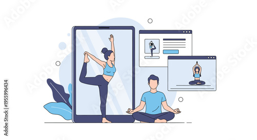 People practicing yoga and meditation at home using online video tutorials displayed on large tablet and windows.