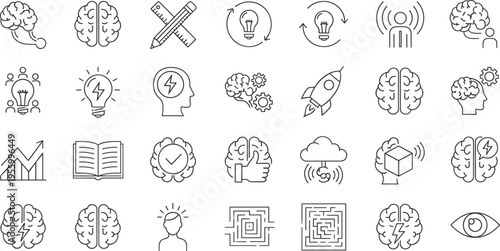 Brain intelligence line icons set thinking creativity idea innovation psychology outline collection