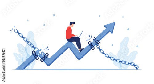 Man working on laptop while sitting on blue zig-zag arrow that is breaking free from heavy metal chains of restriction.