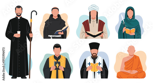 Portraits of diverse religious representatives from around the world holding sacred texts and spiritual symbols.