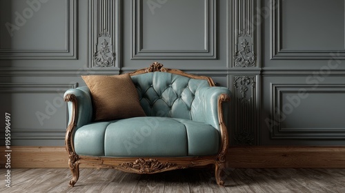 Light blue French-style single sofa chair with elegant front view, placed against gray light wood grain wainscoting wall, minimalist interior design and cozy home decor concept.