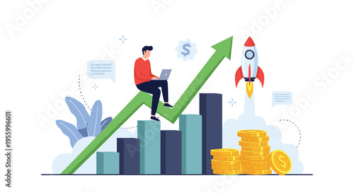 Ambitious entrepreneur sitting on a green growth arrow working on a laptop near a rocket launch and money bags.