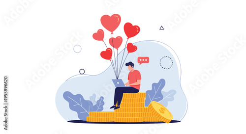 Successful person sitting on stacks of gold coins using a laptop with heart balloons floating in the air for love.