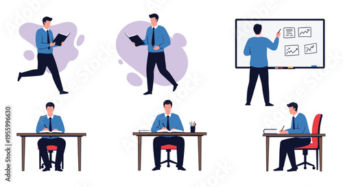 Collection of professional businessman character poses including running, walking, presenting, and office work.