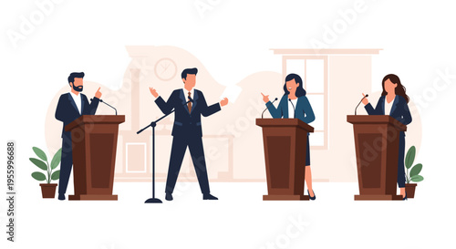 Political candidates or public speakers standing at podiums during a formal debate or conference with microphones.