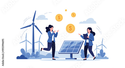 Professional businesswomen discussing green energy projects near solar panels and wind turbines for future profit.
