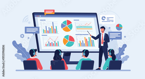 Corporate presenter showing data charts on a large screen to an audience wearing professional communication headsets.