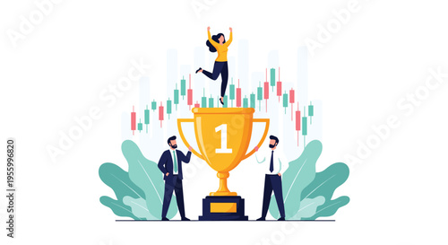 Successful business team celebrating victory with a giant gold trophy and stock market candlestick charts in back.