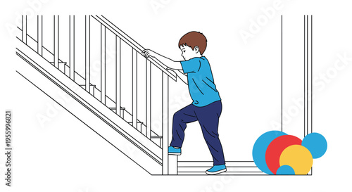Young child carefully climbing up a set of stairs at home demonstrating physical development and early growth.