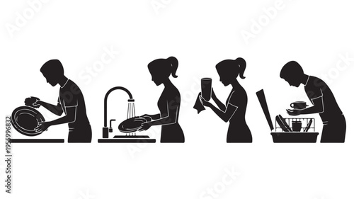 Silhouette Of People Doing Dishwashing And Cleaning For Household Chores Concepts