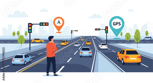 Person standing on a highway looking at city traffic with digital location pins and GPS navigation marker icons.