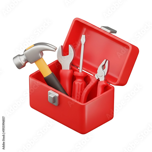 A red 3D toolbox open and filled with a hammer wrench screwdriver and pliers ready for repair and construction work