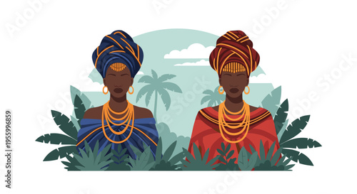 Two beautiful African women wearing traditional colorful dresses and elegant headwraps in a lush tropical jungle.