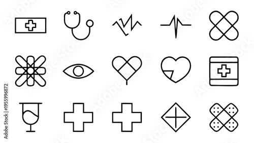 Forty-five health monitoring and biometric outline icons featuring thin black lines on a white background for use in digital applications.
