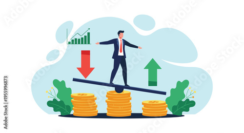 Businessman balancing on a wooden plank between high and low coin stacks with growth and decline financial arrows.