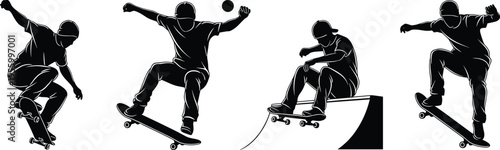 skateboarder action silhouettes collection, extreme sport tricks, urban street skating, dynamic motion poses, flat vector, minimal black illustration set