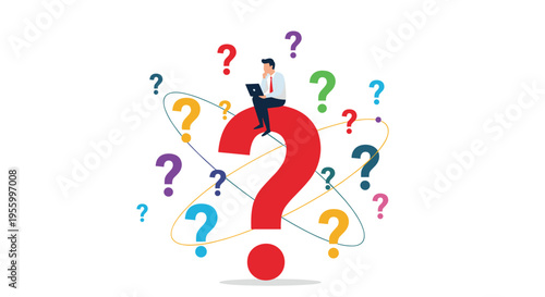 Pensive man sitting on a large red question mark with a laptop surrounded by many smaller colored question marks.